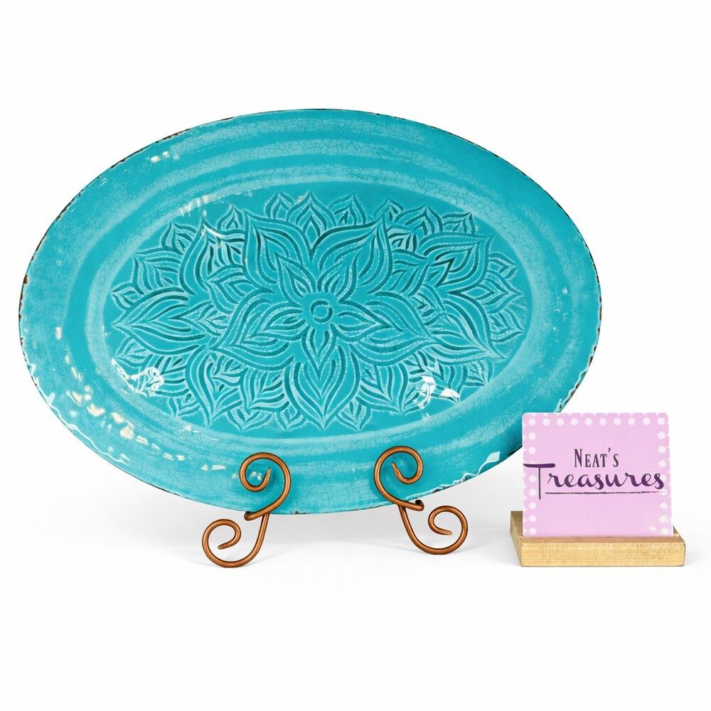 TL Mulino New York Turquoise Floral Crackle Rustic Big Oval Melamine 20" Platter